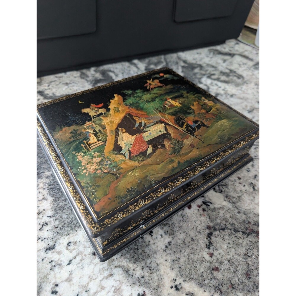 Antique USSR Palekh Lacquer Box Bureev Signed 1955 Hand Painted Fairy Tale Large